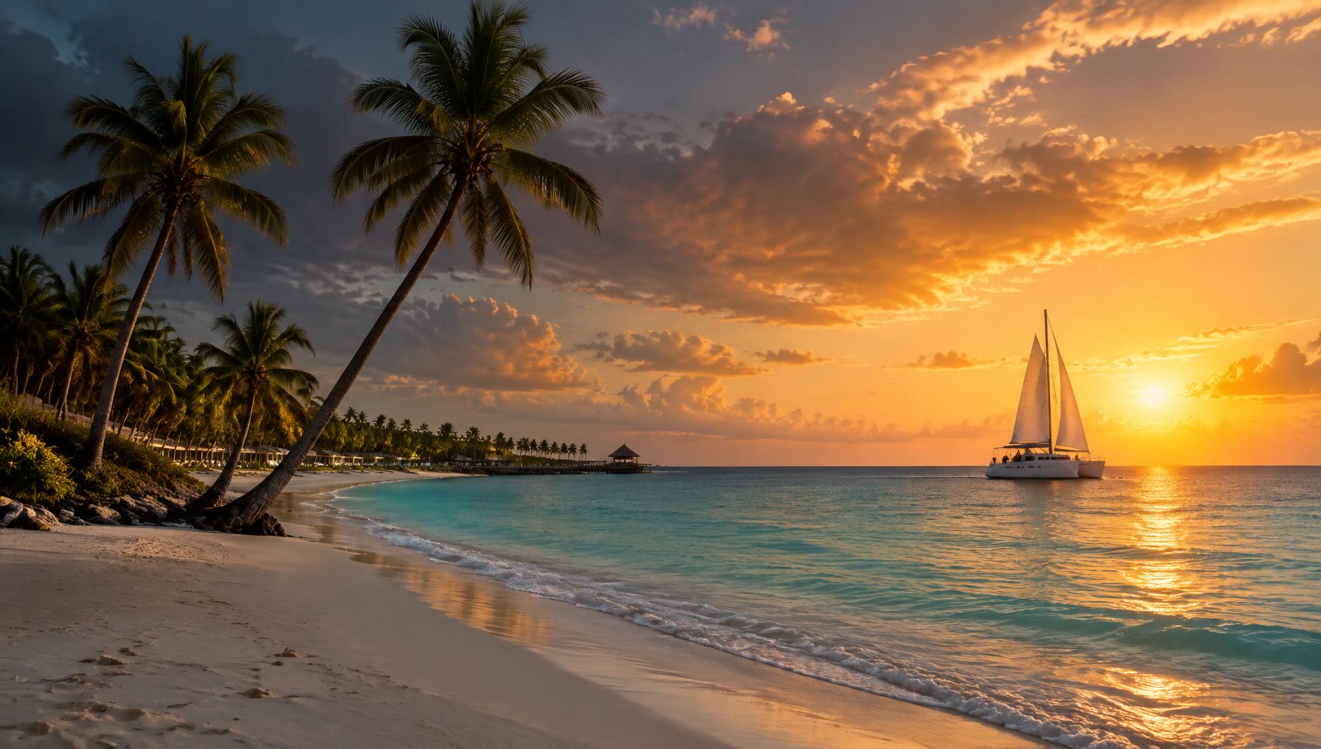 Paradise Caribbean beach at sunset with catamaran